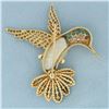 Image 2 : Hummingbird Broach Pin with Diamond, Ruby, Turquoise, and Pearl in 18k Yellow Gold
