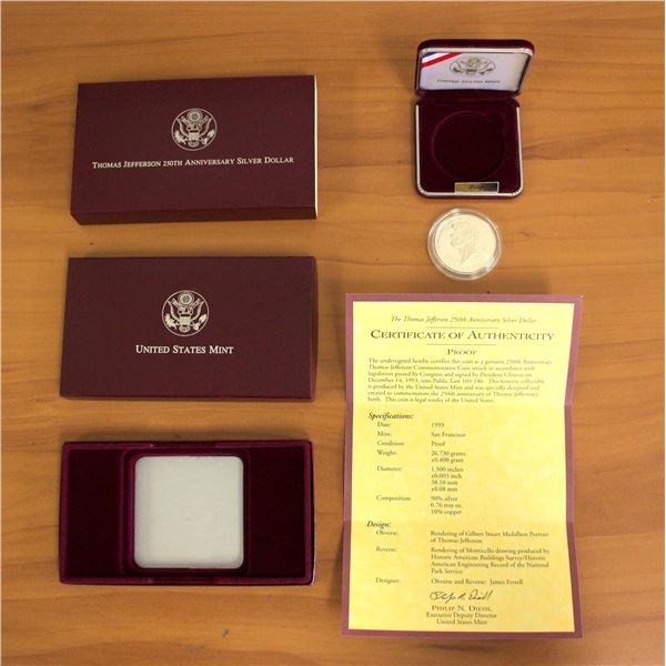 US Mint Thomas Jefferson 250th Anniversary Silver Dollar Poof Coin OGP