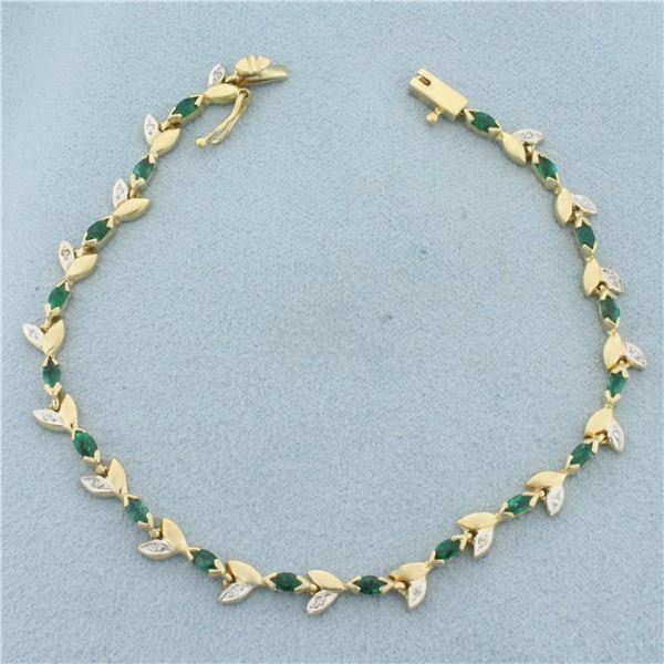 Emerald and Diamond Nature Leaf Tennis Bracelet in 14k Yellow Gold