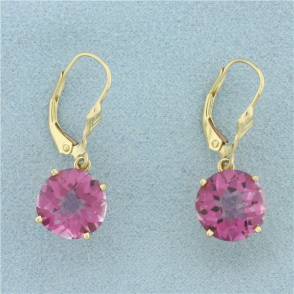 Checkerboard Cut Pink Topaz Dangle Earrings in 14k Yellow Gold