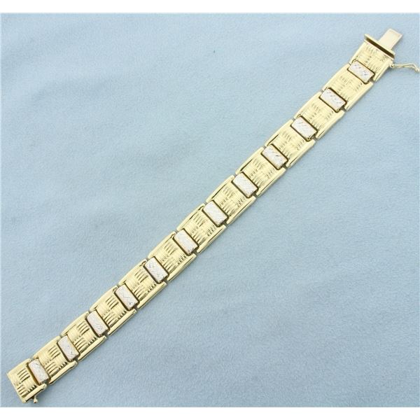 Diamond Cut Two Tone Basketweave Bracelet in 14k Yellow and White Gold