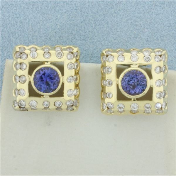 AAA Tanzanite and Diamond Earrings in 14k Yellow Gold