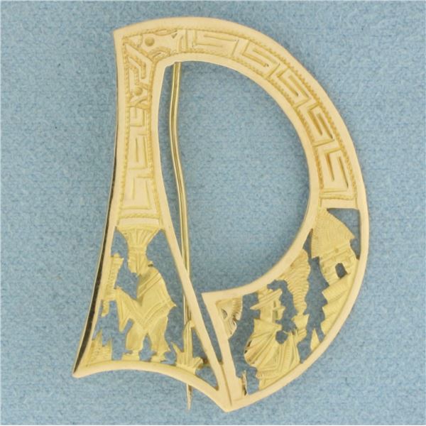 Vintage D Initial Brooch in 18k Yellow Gold