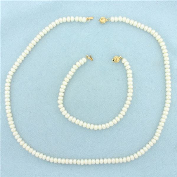 Pearl Necklace Strand and Bracelet Set in 14k Yellow Gold
