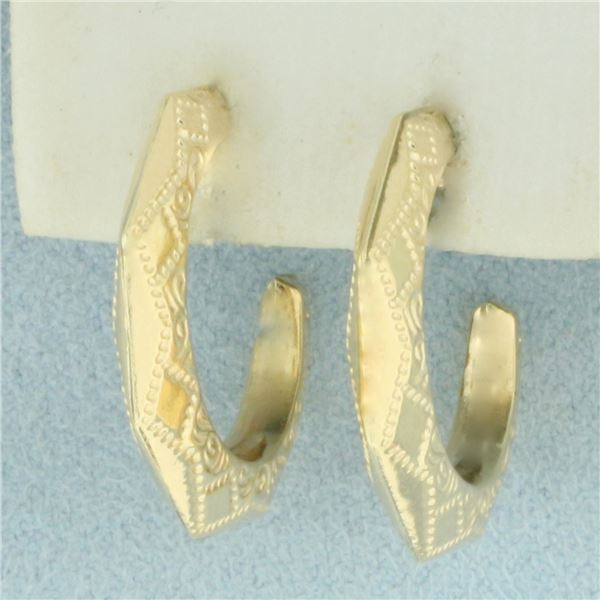 Unique Etched Hoop Earrings in 14k Yellow Gold
