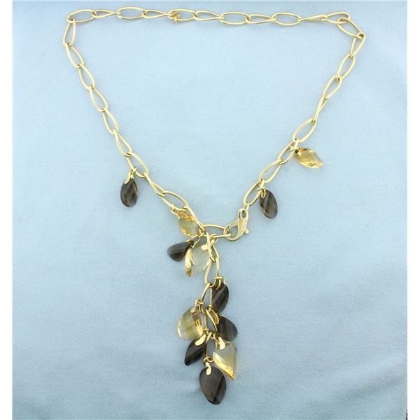 Italian Designer Smoky Topaz and Citrine Dangle Necklace in 14k Yellow Gold