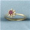 Image 2 : Ruby and Diamond Halo Flower Ring in 14k Yellow Gold