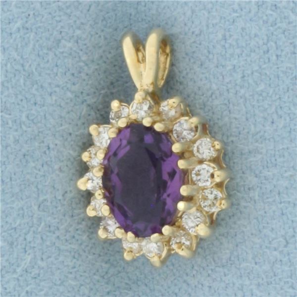 Amethyst and Diamond Halo Pendant in 14k Yellow Gold
