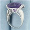Image 3 : Checkerboard Cut Amethyst and Diamond Statement Ring in 14k White Gold