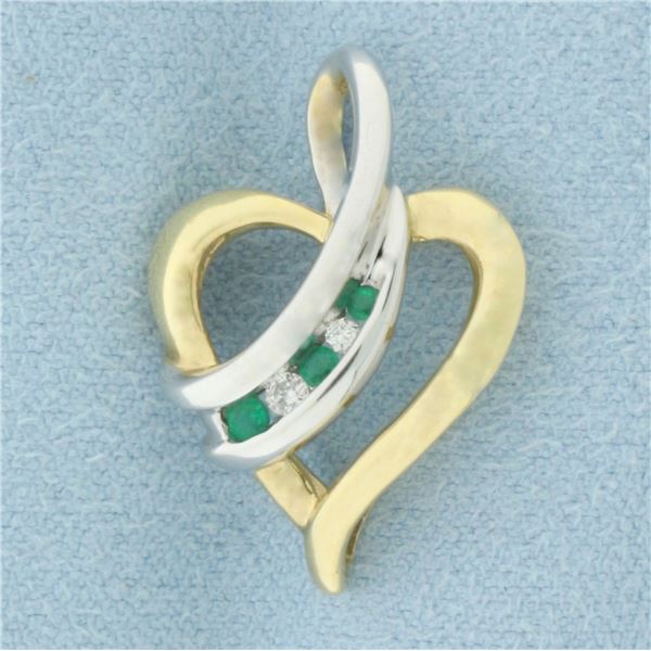 Emerald and Diamond Heart Pendant in 10k Yellow and White Gold