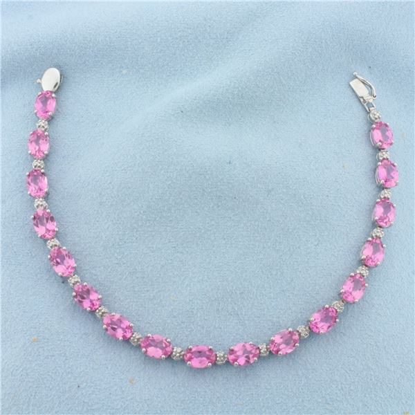Pink Topaz and Diamond Tennis Bracelet in 10k White Gold