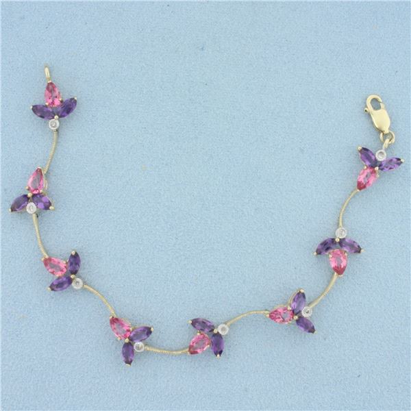 Amethyst, Pink Topaz, and Diamond Bracelet in 14K Yellow Gold