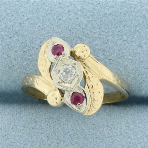 Antique Old European Cut Diamond and Ruby Ring in 14k Yellow Gold