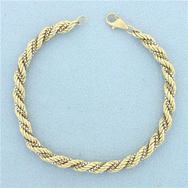 Two Tone Box and Rope Link Bracelet in 14k Yellow and White Gold