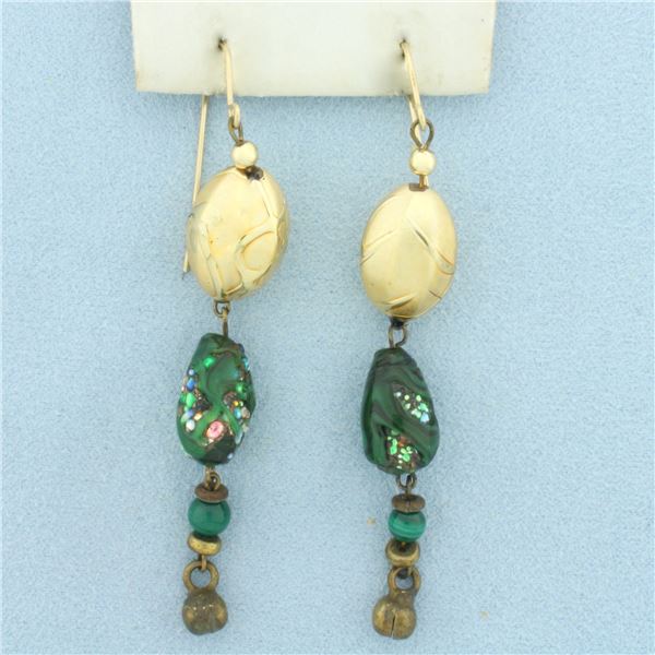 Art Glass Beaded Dangle Earrings in 14k Yellow Gold