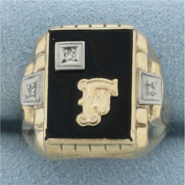 Mens F Initial Monogram Diamond Signet Ring in 10k Yellow Gold