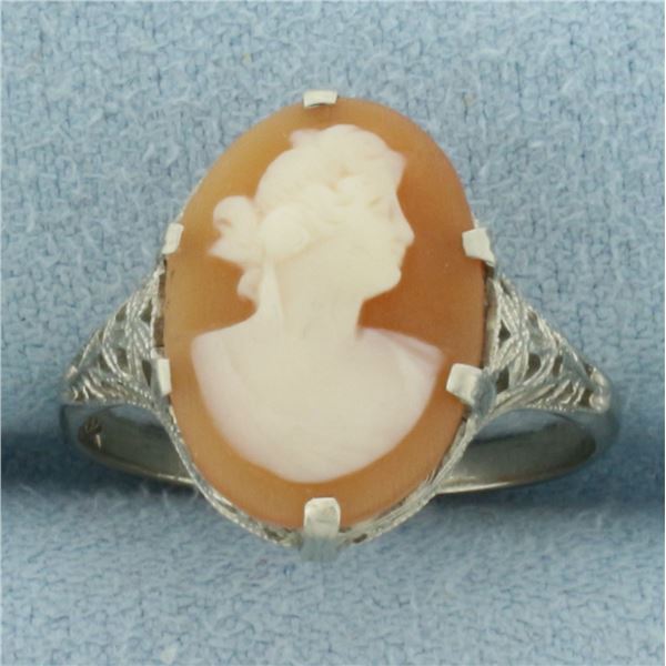 Vintage Cameo Filigree Ring in 14k White Gold