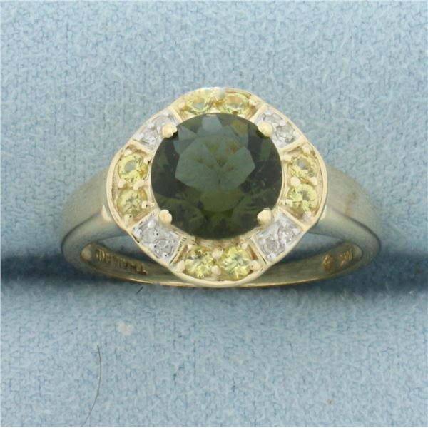 Green Tourmaline, Yellow Sapphire, and Diamond Ring in 10k Yellow Gold