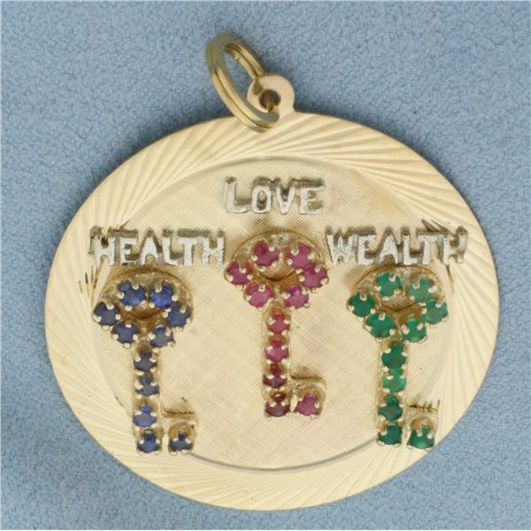 Sapphire, Ruby, and Emerald Health Love Wealth Charm or Pendant in 14K Yellow Gold