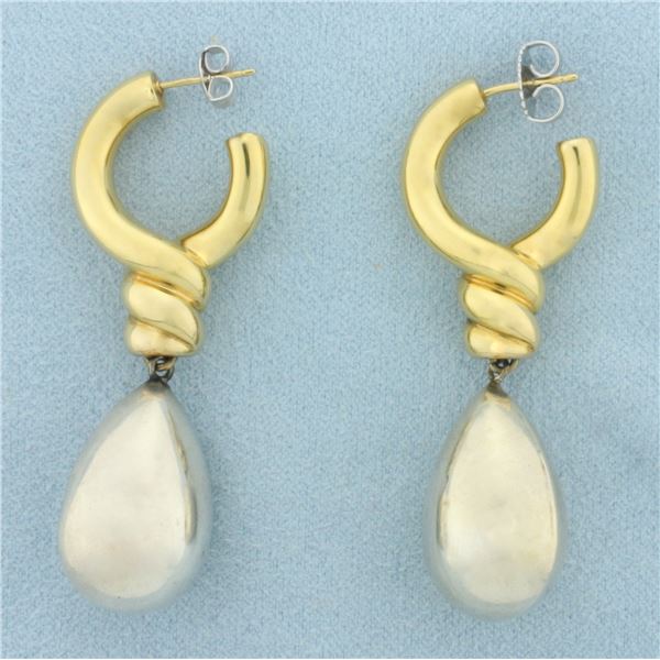 Teardrop Hoop Dangle Earrings in 18K Yellow Gold and Sterling Silver