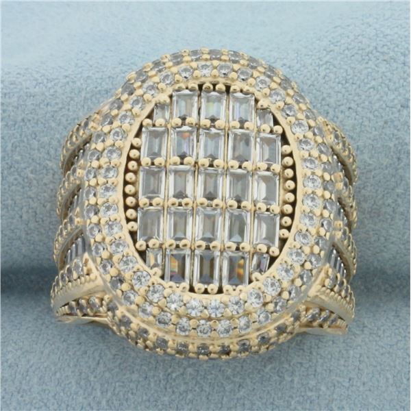 Mens Emerald and Round Cut CZ Statement Ring in 14k Yellow Gold