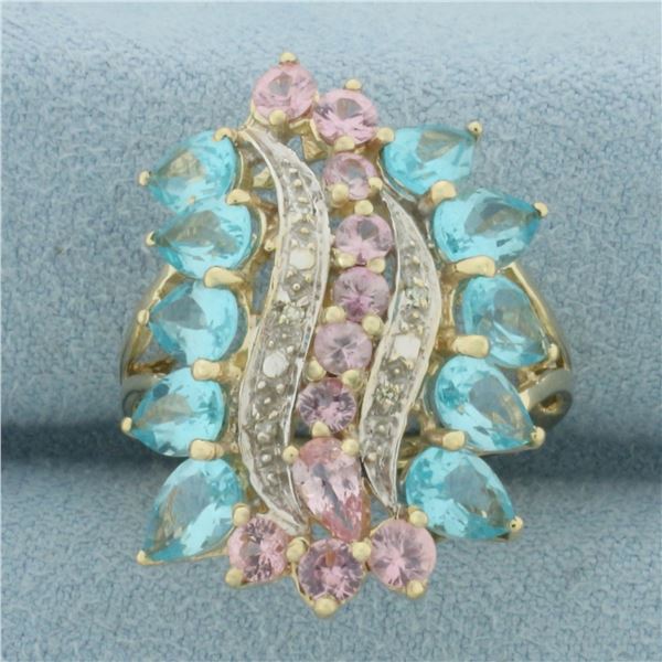 Blue and Pink Topaz and Diamond Ring in 10k Yellow Gold