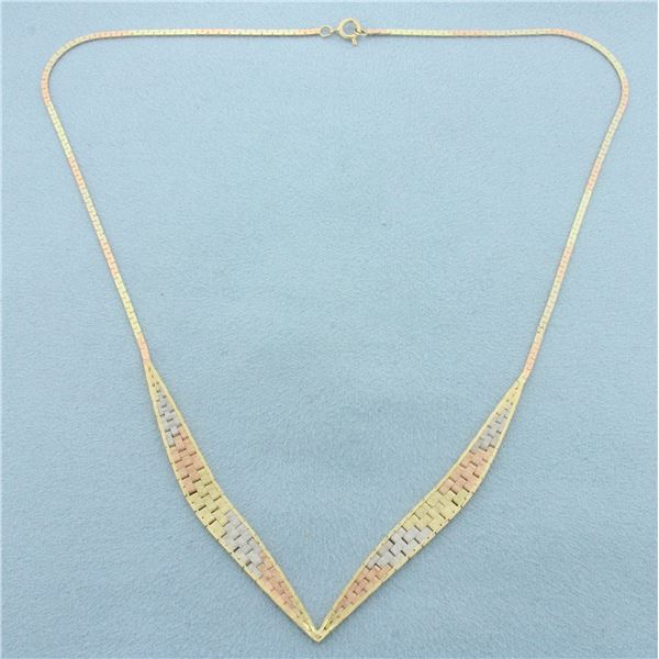Tri-Color V Style Choker Necklace in 14k Yellow, White, and Rose Gold