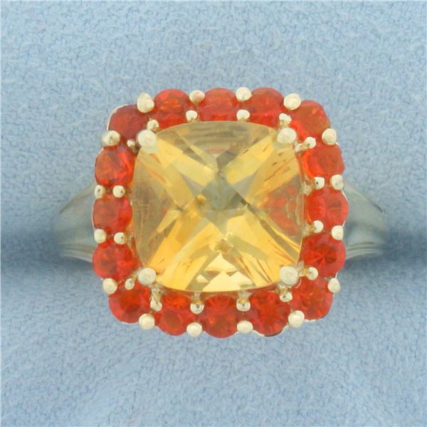 Citrine and Spessartite Garnet Halo Ring in 10k Yellow Gold