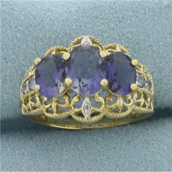 Tanzanite and Diamond Filigree Ring in 10k Yellow Gold