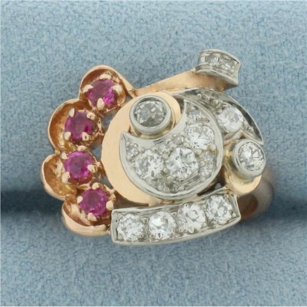 Antique Ruby and Old European Diamond Ring in 14k Rose Gold