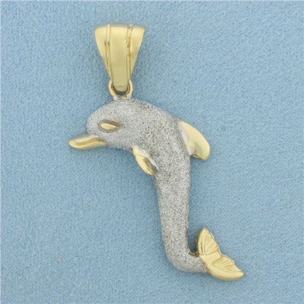 Dolphin Pendant Sandblast Finish in 14k Yellow and White Gold