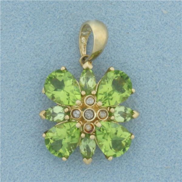 Peridot and Diamond Flower Pendant in 10k Yellow Gold