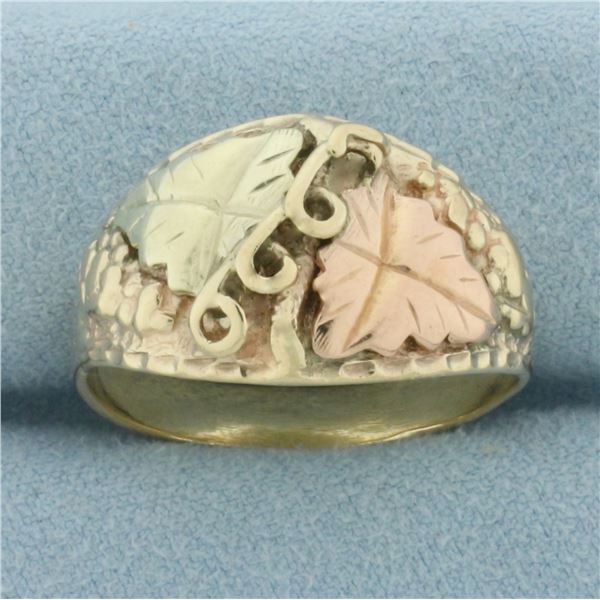 Mens Vintage Black Hills Gold Leaf Ring in 10k Yellow, Green, and Rose Gold
