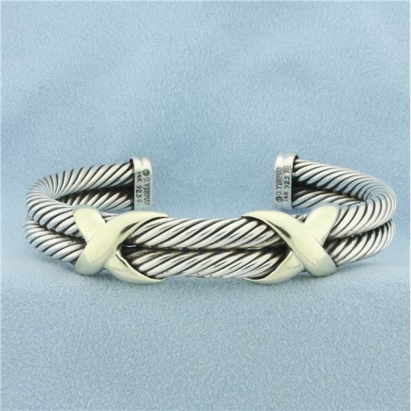 David Yurman Double Cable X Cuff Classic Bracelet in Sterling Silver and 14k Yellow Gold