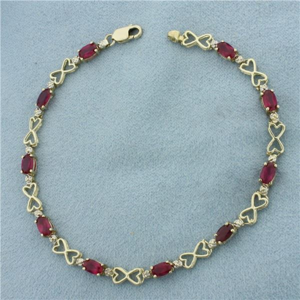 Ruby and Diamond Heart Link Bracelet in 10k Yellow Gold