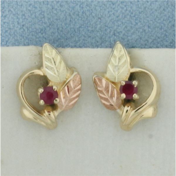 Ruby Tri Color Gold Leaf Earrings in 10K Yellow, Green, and Rose Gold