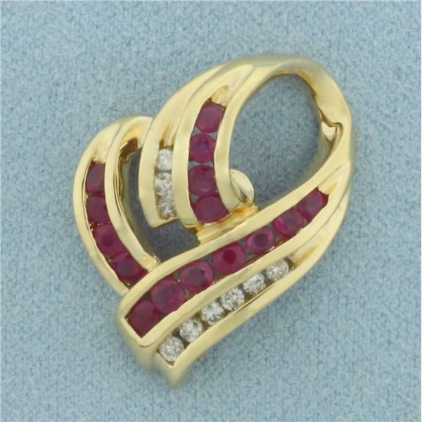 Ruby and Diamond Heart Pendant or Slide in 14k Yellow Gold