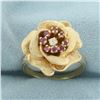 Image 1 : Ruby And Diamonds Rose Flower Ring in 14K Yellow Gold