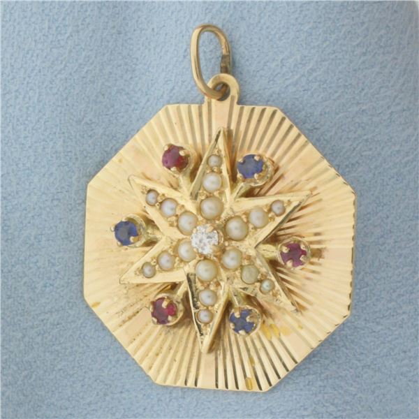 Diamond, Ruby, Sapphire, and Pearl Medallion Pendant in 14k Yellow Gold