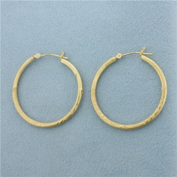 Diamond Cut Leaf Design Hoop Earrings in 14k Yellow Gold