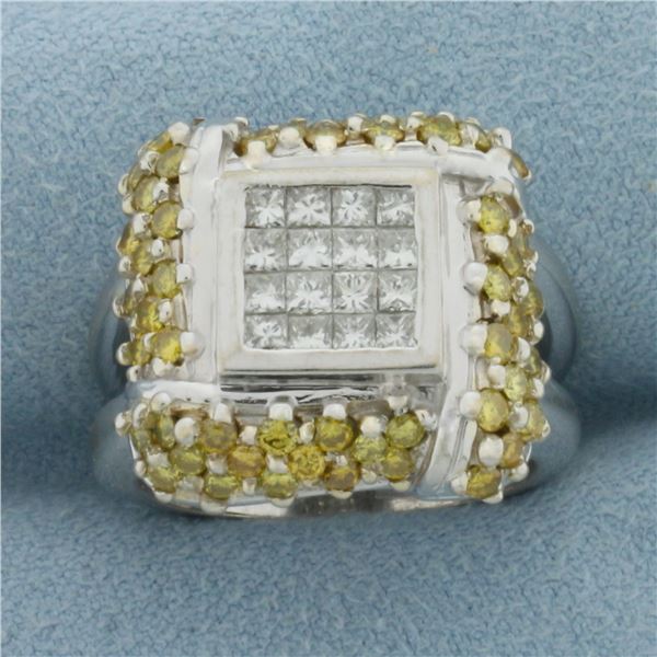 Yellow and White Diamond Ring in 18k White Gold