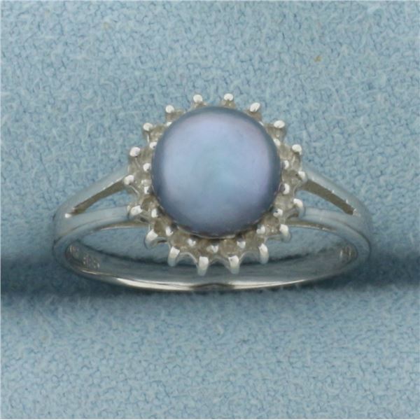 Tahitian Pearl and Diamond Halo Ring in 14k White Gold