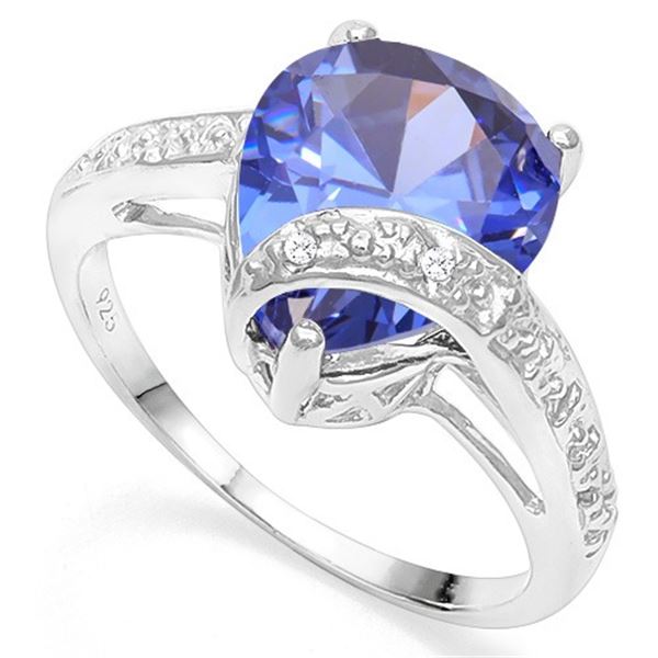Large 3D Lab Tanzanite & Diamond Ring in Sterling Silver