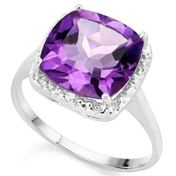 Large Cushion Cut Amethyst and Diamond Halo Ring in Sterling Silver