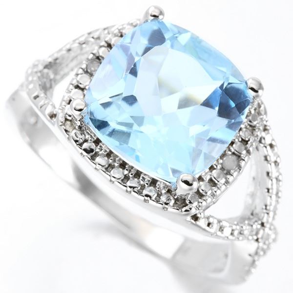 Cushion Cut Blue Topaz and Diamond Ring in Sterling Silver