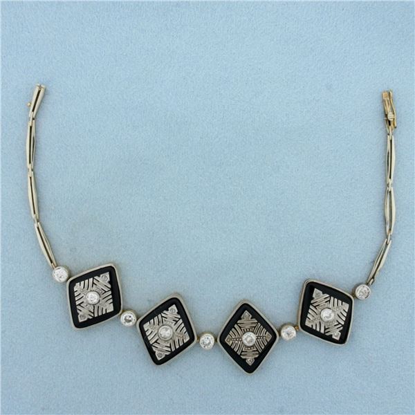 Antique Old Mine Cut Diamond and Onyx Bracelet in 18k Yellow and White Gold