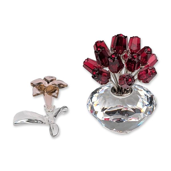 Two Swarovski Crystal Flower Figurines, Vase of Roses and Dessert Rose