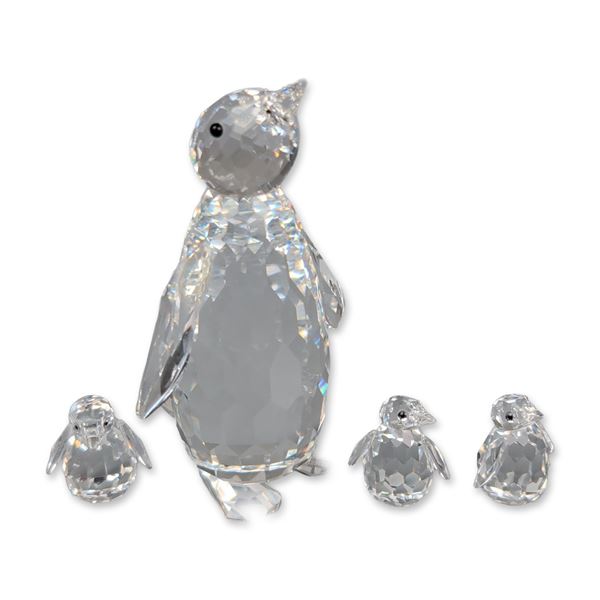4pc Swarovski Silver Crystal Figurines, Large Penguin and Set of Baby Penguins
