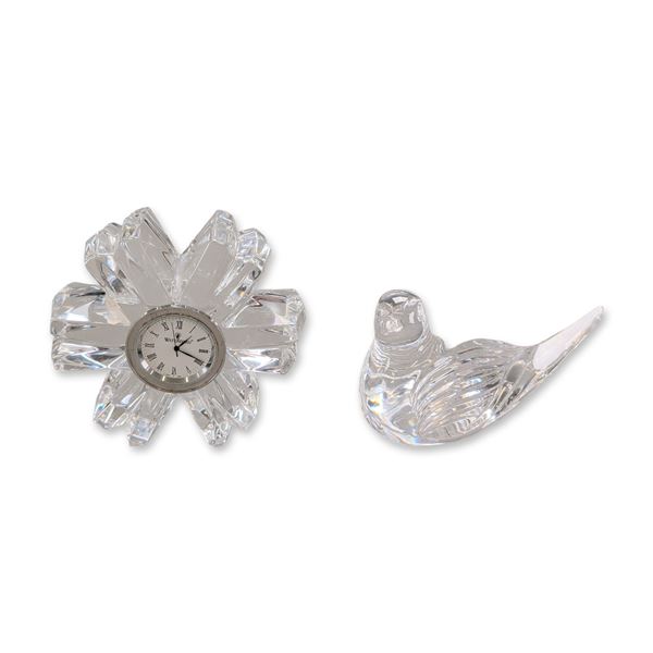 2pc Waterford Lead Crystal Bird Paperweight and Flower Clock