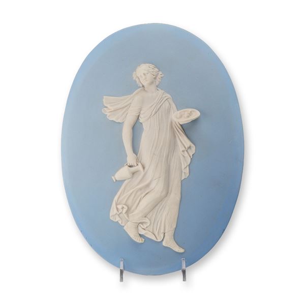 Wedgwood Blue Jasperware Oval Plaque of a Herculaneum Dancing Nymph